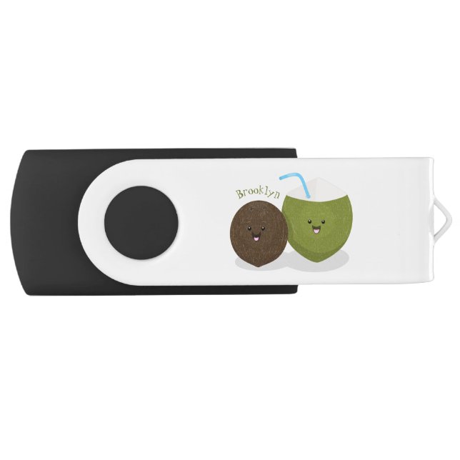 Cute happy kawaii coconuts cartoon illustration flash drive (Front)