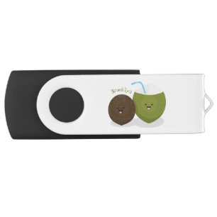 Cute happy kawaii coconuts cartoon illustration flash drive