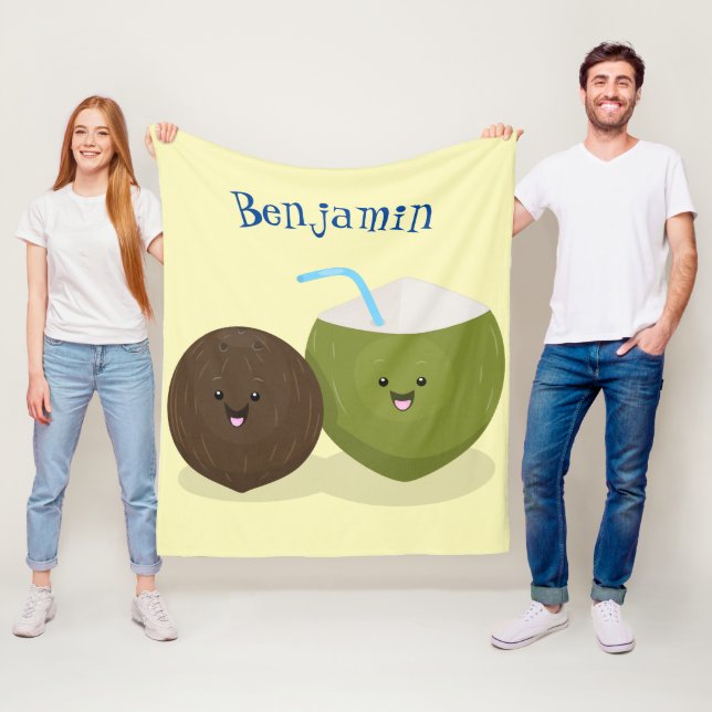 Cute happy kawaii coconuts cartoon illustration fleece blanket (In Situ)