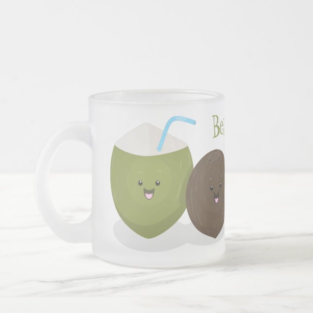 Cute happy kawaii coconuts cartoon illustration frosted glass coffee mug (Left)