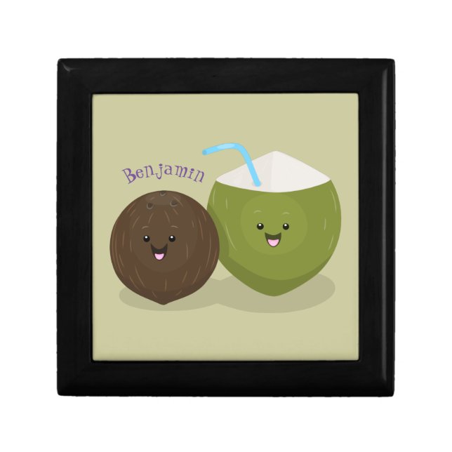 Cute happy kawaii coconuts cartoon illustration gift box (Front)