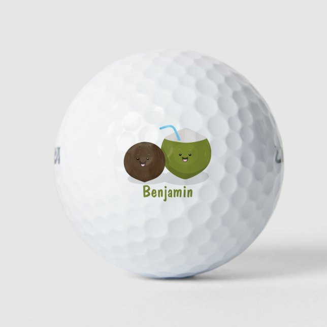 Cute happy kawaii coconuts cartoon illustration golf balls (Front)