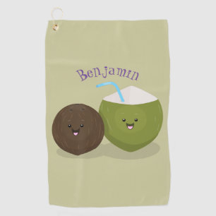 Cute happy kawaii coconuts cartoon illustration golf towel