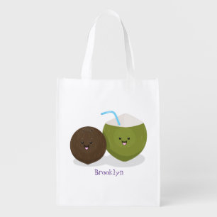 Cute happy kawaii coconuts cartoon illustration grocery bag