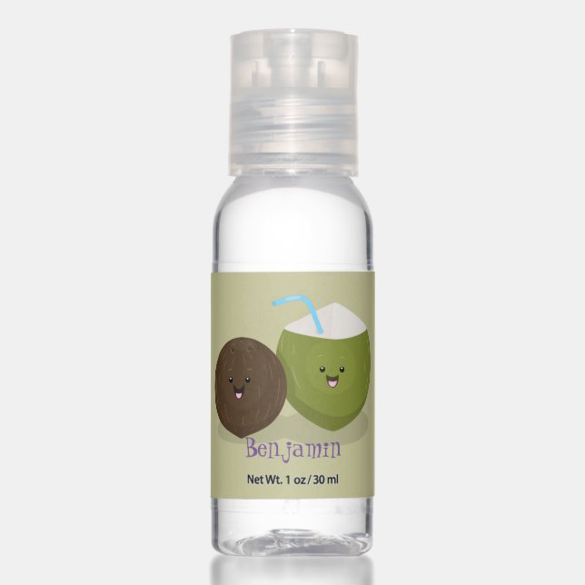 Cute happy kawaii coconuts cartoon illustration hand sanitizer (Front)