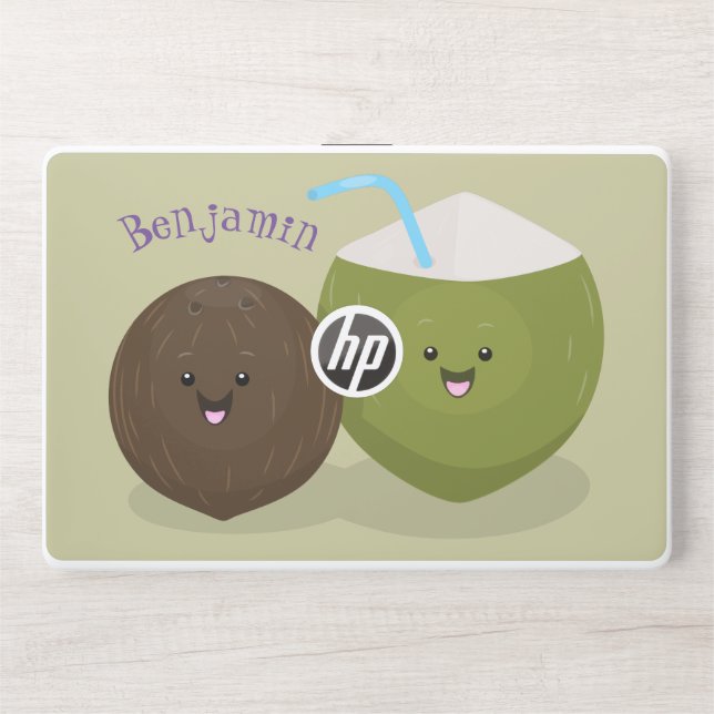 Cute happy kawaii coconuts cartoon illustration HP laptop skin (Front)