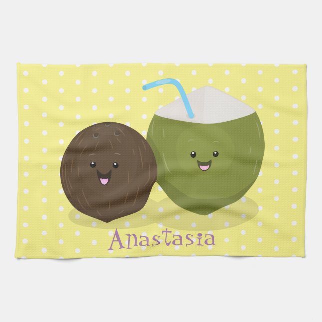 Cute happy kawaii coconuts cartoon illustration kitchen towel (Horizontal)