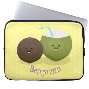 Cute happy kawaii coconuts cartoon illustration laptop sleeve