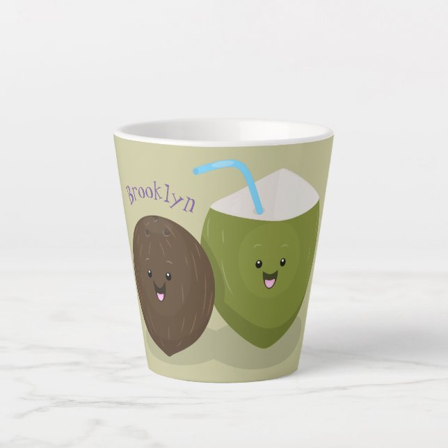 Cute happy kawaii coconuts cartoon illustration latte mug (Front)