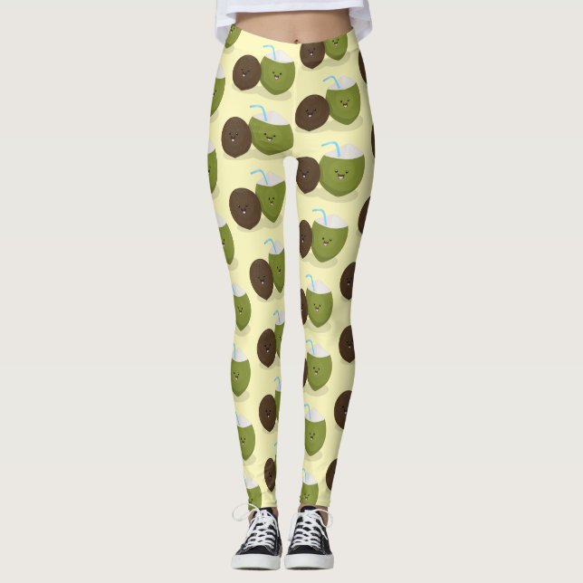 Cute happy kawaii coconuts cartoon illustration leggings (Front)