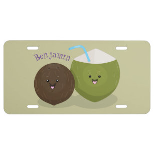 Cute happy kawaii coconuts cartoon illustration license plate