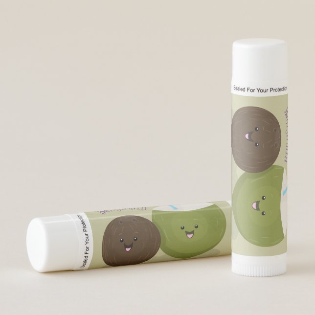 Cute happy kawaii coconuts cartoon illustration lip balm (Front)