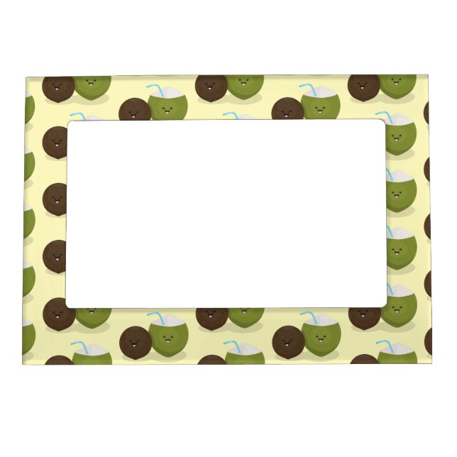 Cute happy kawaii coconuts cartoon illustration magnetic frame (Front)