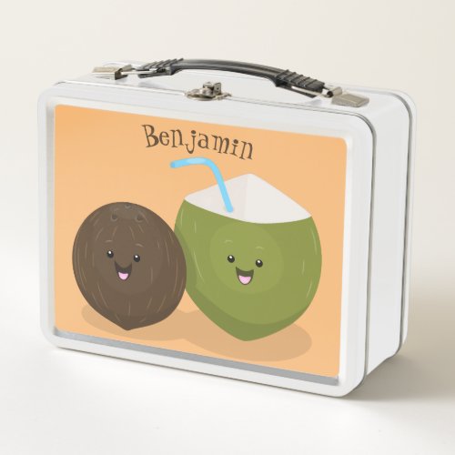 Cute happy kawaii coconuts cartoon illustration metal lunch box