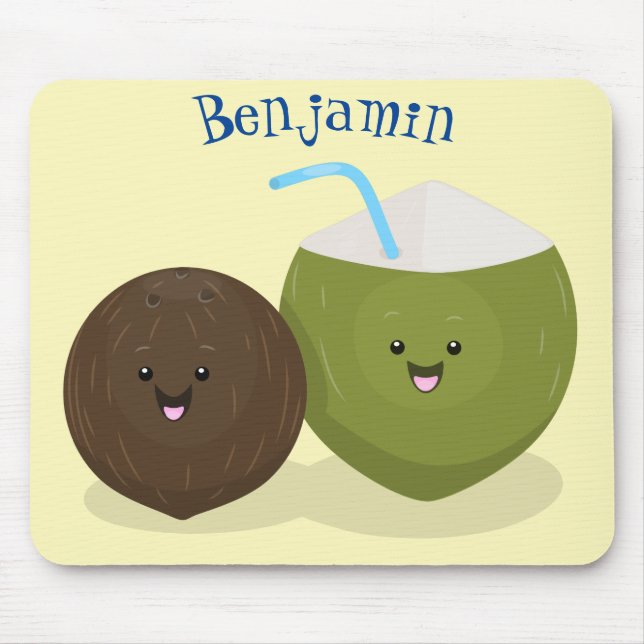 Cute happy kawaii coconuts cartoon illustration mouse pad (Front)