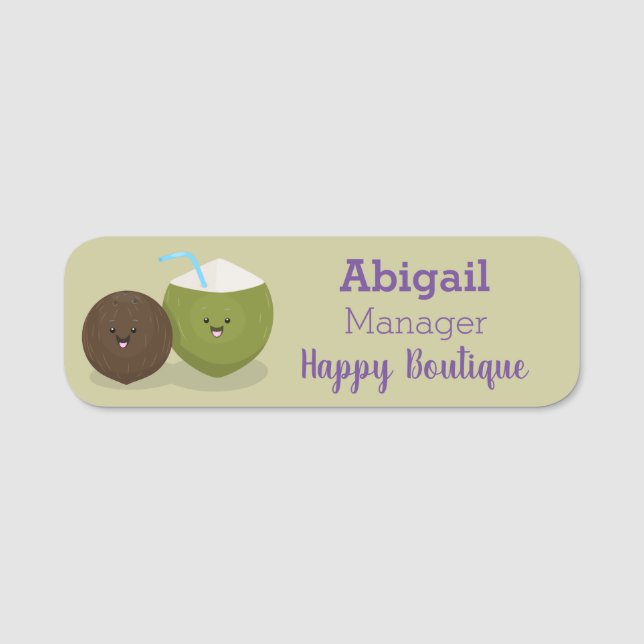 Cute happy kawaii coconuts cartoon illustration  name tag (Front)