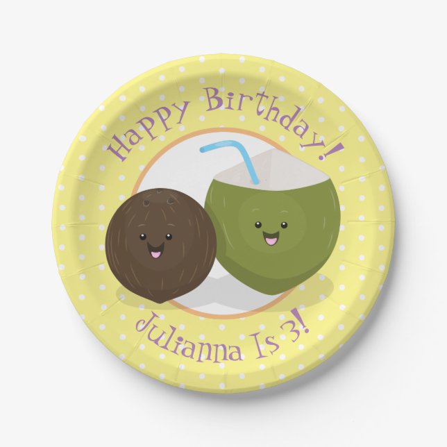Cute happy kawaii coconuts cartoon illustration paper plates (Front)