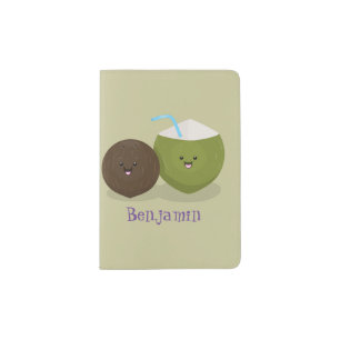 Cute happy kawaii coconuts cartoon illustration passport holder