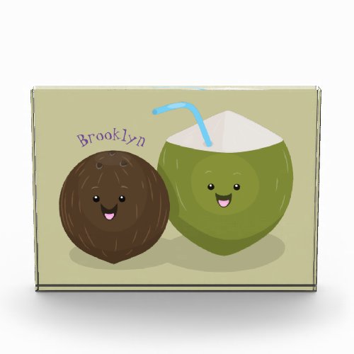 Cute happy kawaii coconuts cartoon illustration photo block