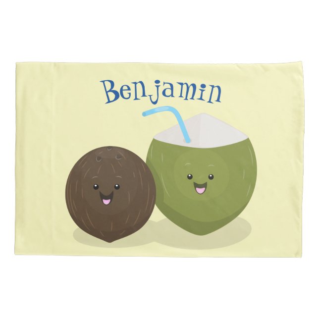 Cute happy kawaii coconuts cartoon illustration pillow case (Back)
