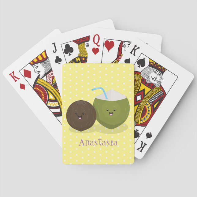 Cute happy kawaii coconuts cartoon illustration poker cards (Back)
