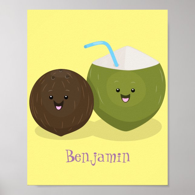 Cute happy kawaii coconuts cartoon illustration poster (Front)