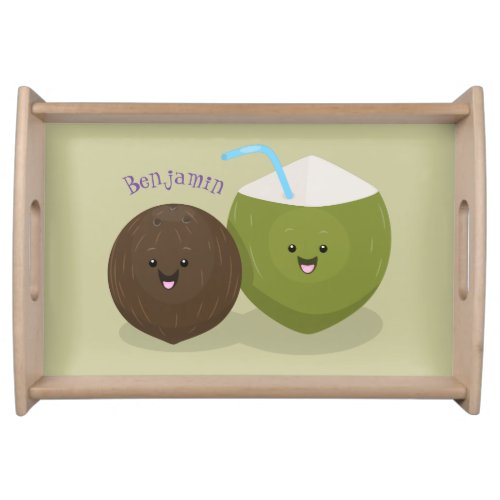 Cute happy kawaii coconuts cartoon illustration serving tray