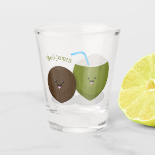 Cute happy kawaii coconuts cartoon illustration shot glass