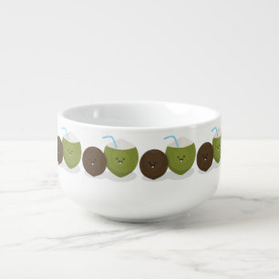 Cute happy kawaii coconuts cartoon illustration soup mug