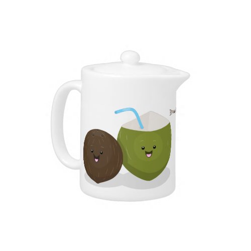 Cute happy kawaii coconuts cartoon illustration teapot