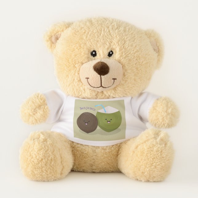Cute happy kawaii coconuts cartoon illustration teddy bear (Front)