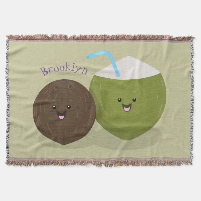 Cute happy kawaii coconuts cartoon illustration throw blanket (Front)