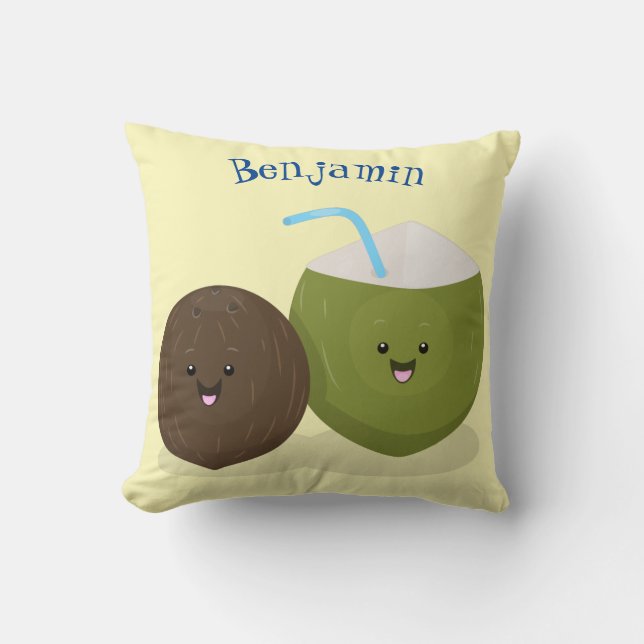 Cute happy kawaii coconuts cartoon illustration throw pillow (Front)