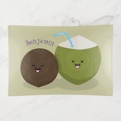 Cute happy kawaii coconuts cartoon illustration trinket tray