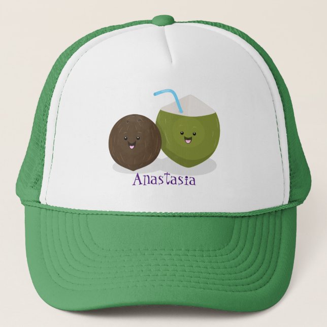 Cute happy kawaii coconuts cartoon illustration trucker hat (Front)