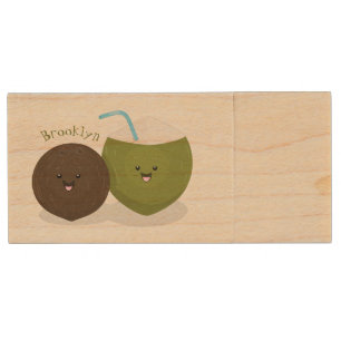 Cute happy kawaii coconuts cartoon illustration wood flash drive