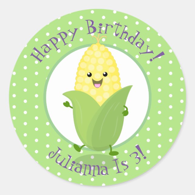 Cute happy kawaii corn cob cartoon illustration classic round sticker (Front)