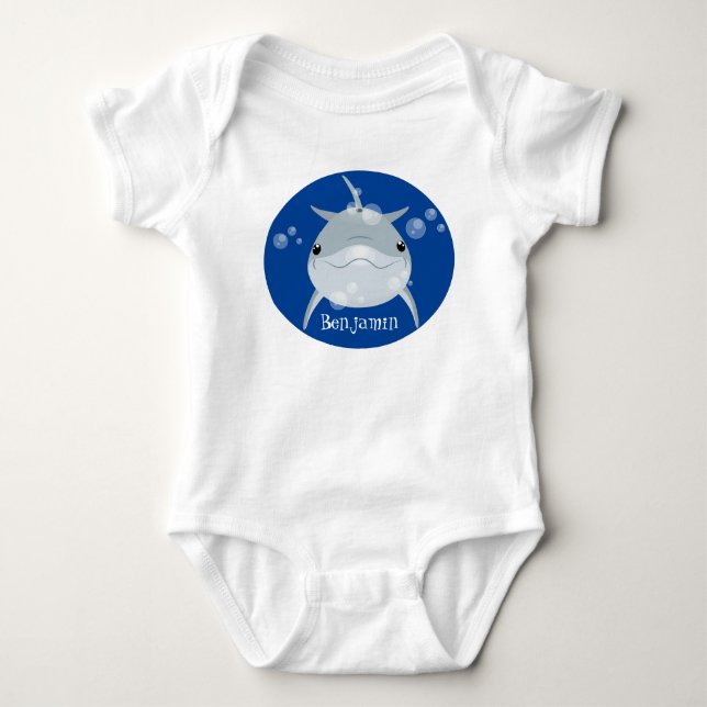 Cute happy kawaii dolphin cartoon baby bodysuit (Front)