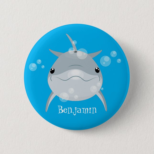 Cute happy kawaii dolphin cartoon button (Front)
