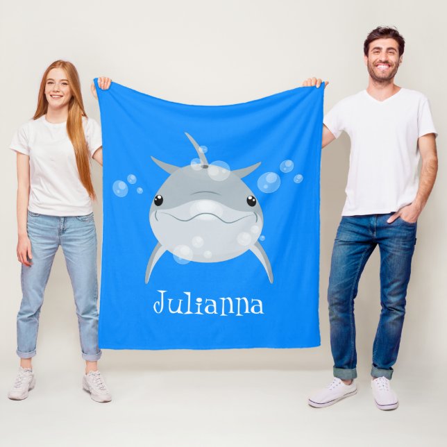 Cute happy kawaii dolphin cartoon fleece blanket (In Situ)