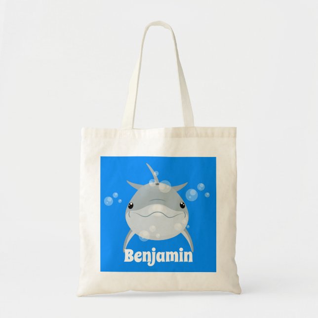Cute happy kawaii dolphin cartoon illustration tote bag (Front)