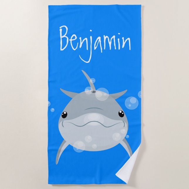Cute happy kawaii dolphin cartoon personalized beach towel (Front)