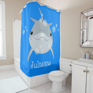 Cute happy kawaii dolphin cartoon shower curtain