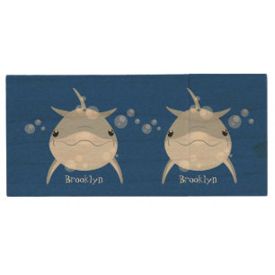 Cute happy kawaii dolphin cartoon wood flash drive