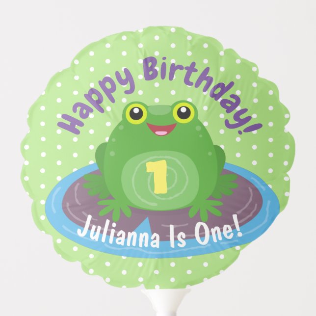 Cute happy kawaii green frog cartoon illustration balloon (Front)