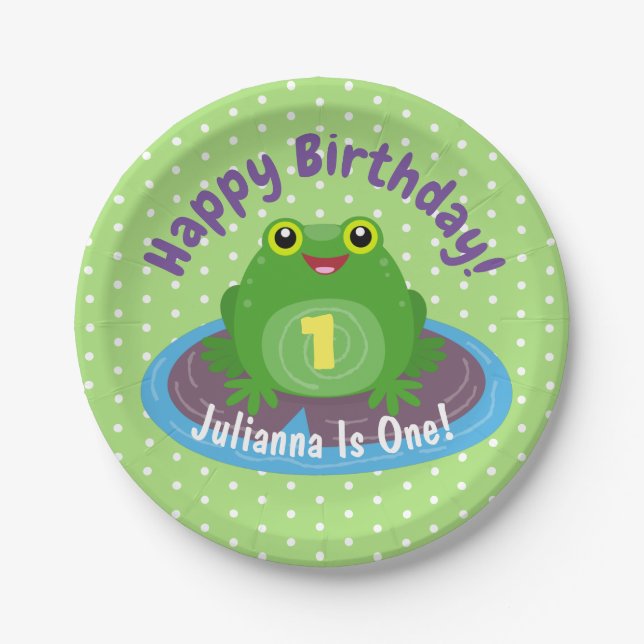 Cute happy kawaii green frog cartoon illustration paper plates (Front)