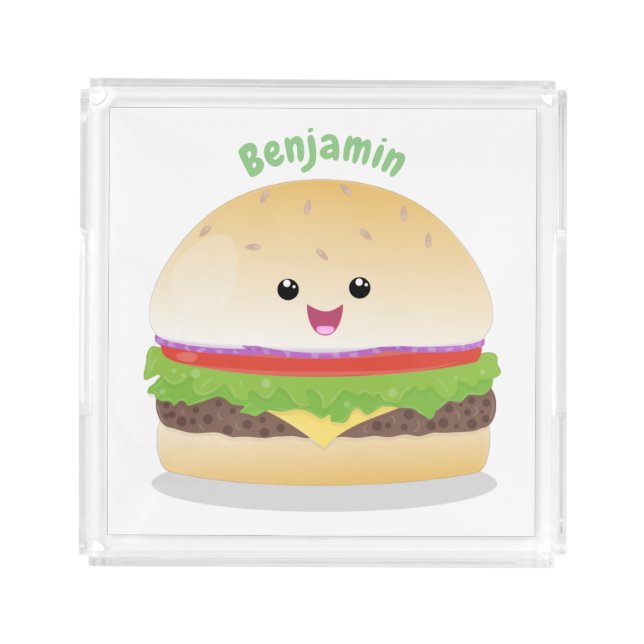 Cute happy kawaii hamburger cartoon acrylic tray (Front)