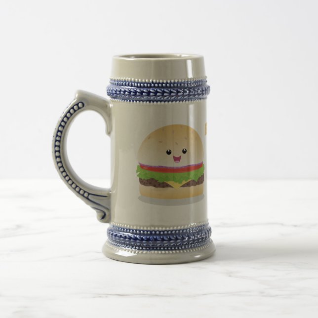 Cute happy kawaii hamburger cartoon beer stein (Left)