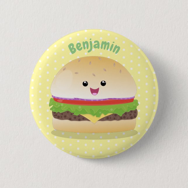 Cute happy kawaii hamburger cartoon button (Front)