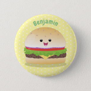 Cute happy kawaii hamburger cartoon button